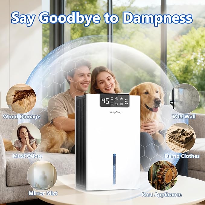 Dehumidifier, 98OZ Dehumidifiers for Home(1000sq.ft), Humidity Display Dehumidifier for Basement Bathroom Bedroom, Auto Shut Off, Washable Filter, Drain Hose, Timer, 7 Ambient Lights, White