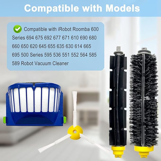 Replacement Parts for irobot Roomba 694 692 676 675 677 671 610 690 680 660 650 620 645 655 635 614 595 585 564 589 536 Robot Vacuum,1 Bristle & 1 Beater Brush,3 Filter,4 Side Brush