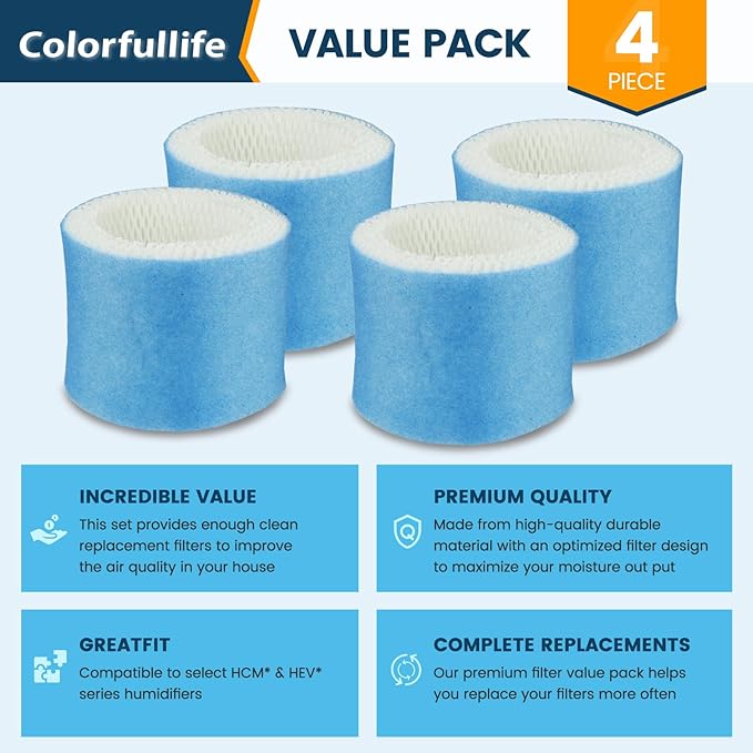 Colorfullife 4 Pack Premium Hac504 Humidifier Filters for Honeywell Humidifier HAC-504 HAC-504AW HAC504V1 HCM350 HCM-530 HCM-600 HCM-710 HEV-312, Upgraded Blue Pre-Filter Replacement Wicking Filter A