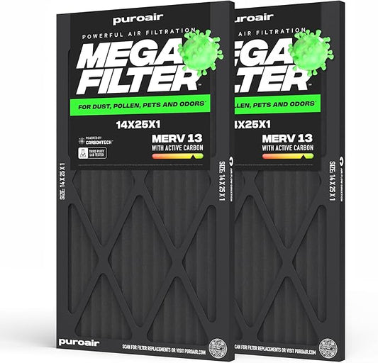 PuroAir MegaFilter - 14x25x1 Air Filter MERV 13 Activated CarbonTech Defense - Heavy Duty 3 Layer Furnace Filters Allergens, Pollen, Dust, Pet Dander, Smoke, Odors - HVAC Air Filter 14x25x1 (2-Pack)