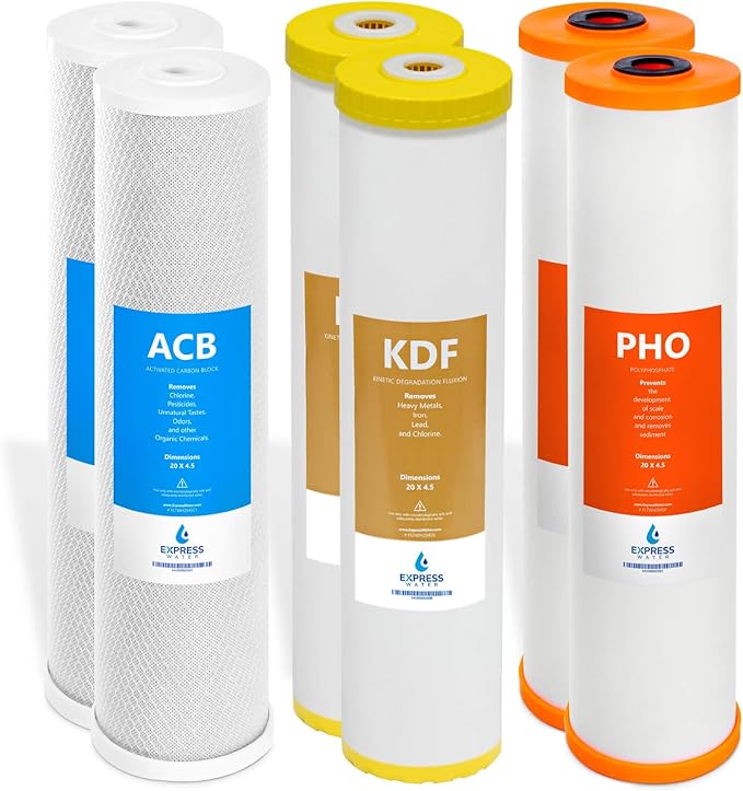 Express Water Whole House 3 Stage Heavy Metal and Anti Scale Water Filter Set - Polyphosphate, Carbon Block, KDF High Capacity Cartridge Filters - 5 Micron 4.5” x 20” inch