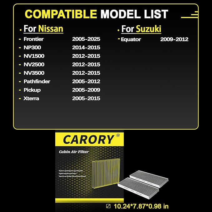 Cabin Air Filter w/Activated Carbon for Nissan Frontier 2005-2025, Pathfinder 2005-2012, Xterra 2005-2015, NV1500 2012-2015, NV2500 2012-2015, NV3500 2012-2015, Suzuki Equator 2009-2012