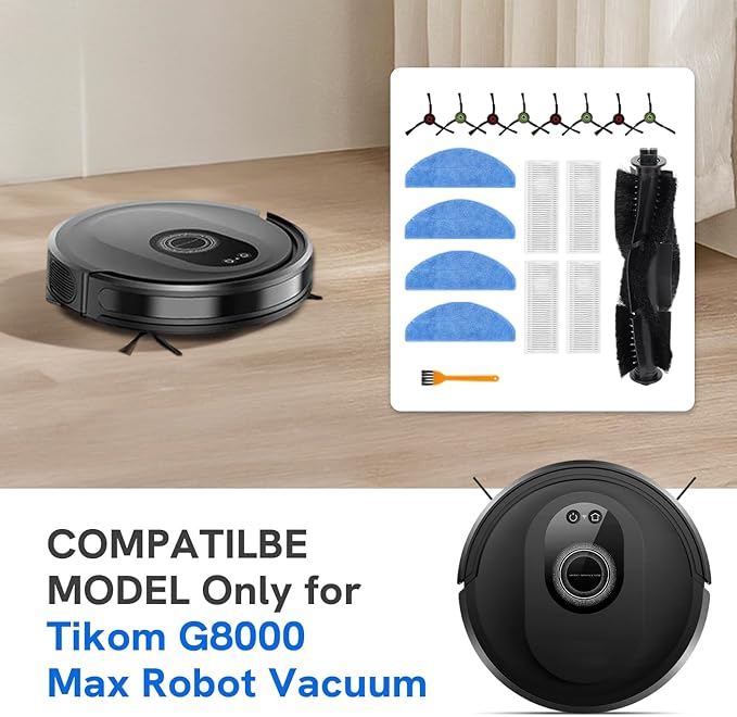 Replacement Parts for Tikom G8000 MAX/TikomL8000 Pro (2025 Year Versions) Robot Vacuum Cleaner - Spare Accessories - 1 Main Roller Brush 8 Side Brushes 4 HEPA Filters 4 Mop Pads and 1 Brush