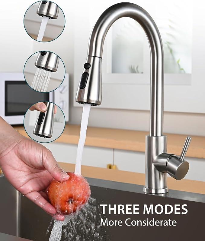 Kitchen Faucet with Soap Dispenser, Hiqufet Brushed Nickel Kitchen Faucet with Pull Down Sprayer, 3 Mode High Arc Single Handle RV Bar Sink Faucets for Pot Filler, Farmhouse Camper Bar Laundry Room