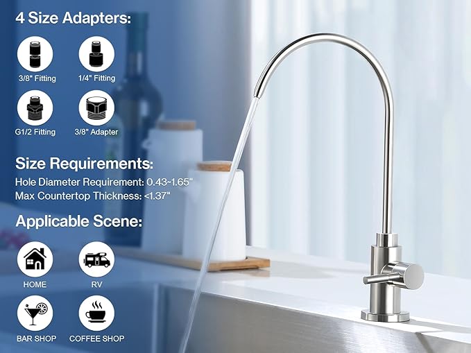 Reverse Osmosis Faucet Fits Most RO Units or Water Filtration System, Non-Air Gap Stainless Steel Drinking Water Faucet for Bar, Kitchen Sink, RV (DM001 BN)