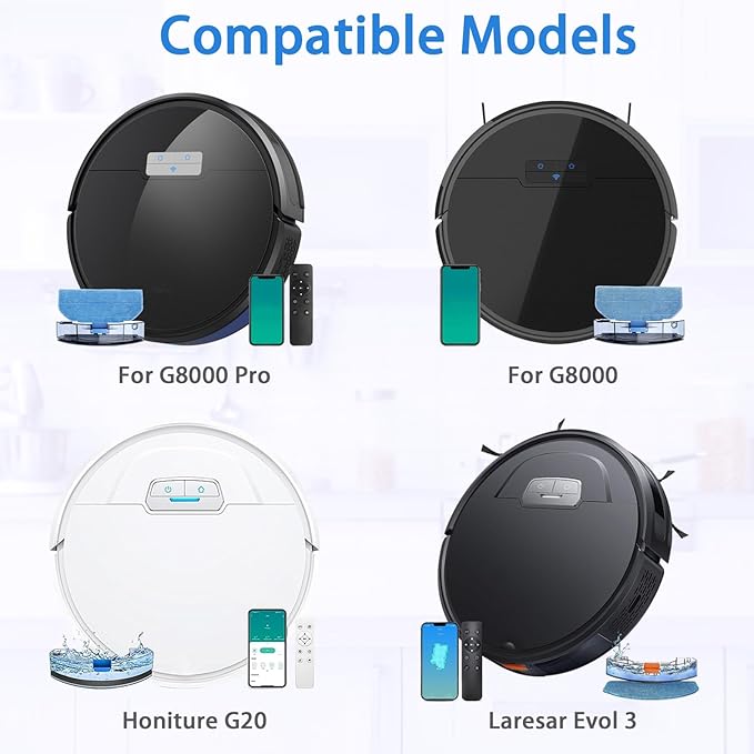 Replacement Parts for Tikom G8000/G8000 Pro/HONITURE G20 Robot Vacuum Cleaner - Spare Accessories - 1 Main Roller Brush 8 Side Brushes 4 HEPA Filters 4 Mop Pads and 1 Brush