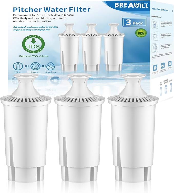 Water Filter Replacement Compatible with Brita Water Filter, Pitchers, Classic, OB03, Mavea,10700, 35557, Pitcher Water Filter by BREAUILL, New Upgraded Reduce TDS, Chlorine (3PCS)