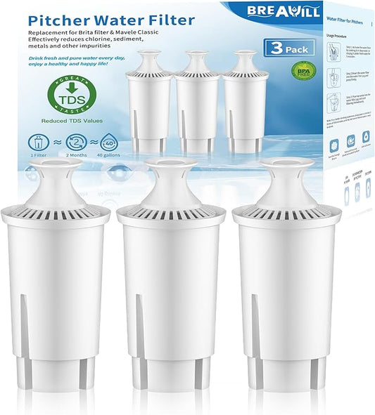 Water Filter Replacement Compatible with Brita Water Filter, Pitchers, Classic, OB03, Mavea,10700, 35557, Pitcher Water Filter by BREAUILL, New Upgraded Reduce TDS, Chlorine (3PCS)