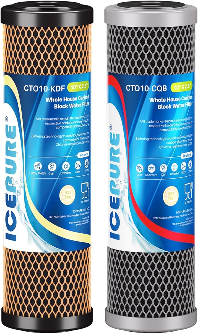 ICEPURE 2.5" x 10" Whole House CTO Activated Carbon Water Filter Combo Kit, 10 Inch KDF Cartridge and Upgraded Activated Carbon Lead Remove Filter Replacement for FXWTC, WHEF-WHWC and MORE, 1 Combo