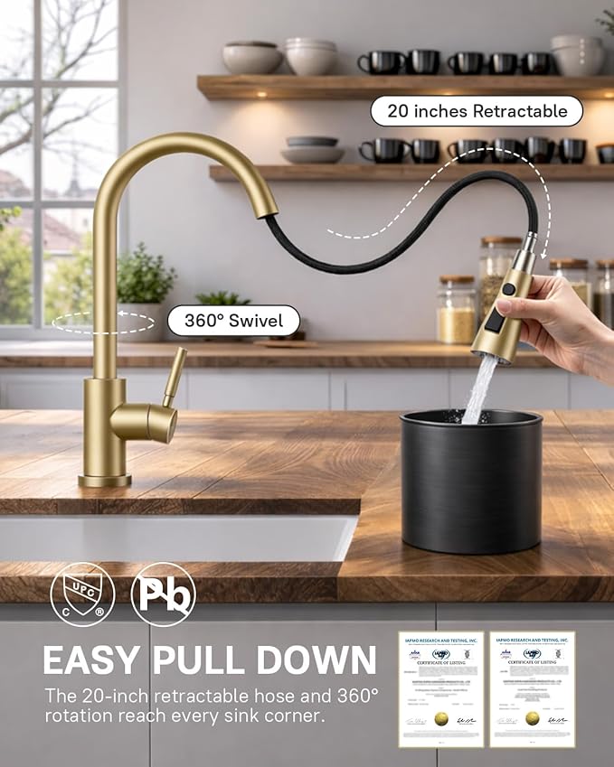 WEWE Kitchen Faucets with Pull Down Sprayer, Stainless Steel Single Handle 1 Hole for Family Kitchen Commercial Camper Laundry Rv Bar, Gold