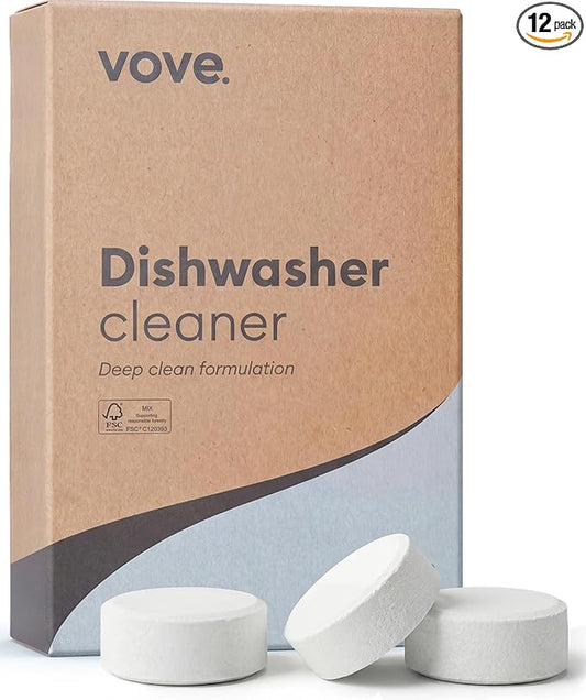 Vove Dishwasher Cleaner Tablets, 12 Count - Deep Clean Descaler for Hard Water, Limescale and Odor - Enzyme and Oxygen-Powered Formula with Plant-Based Softeners, FSC-Certified Kraft Packaging