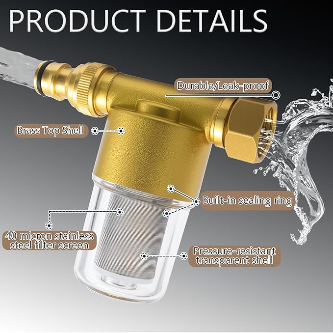 40 Micron Reusable Brass Inline Sediment Filter - Universal Fit for Washing Machine, Shower, Garden Hose & Well Water - Anti-Clogging Design with Pipe Sealant Tape