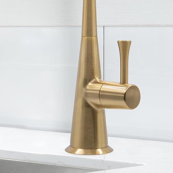 Metpure Airgap 3-Port Brass RO Faucet for Reverse Osmosis Drinking Water Systems. Features Pre-Installed Drain Tubes, Contemporary Design. Includes Wrench and Adapters. (Brushed Gold)
