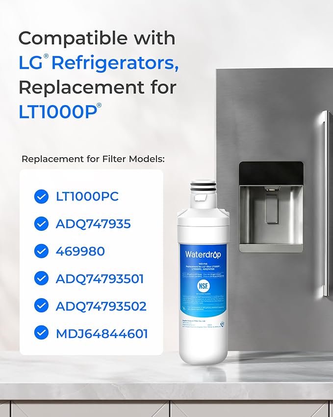 Waterdrop LT1000PC ADQ747935 MDJ64844601 Refrigerator Water Filter, Reduce chlorine, bad taste and odor, Replacement for LG® LT1000P®, ADQ74793501, ADQ74793502, Kenmore 46-9980, Pack of 4