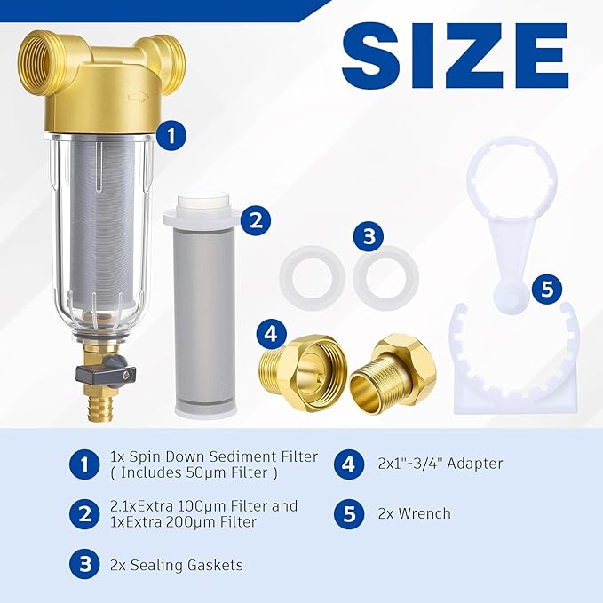 WILLBOND 3/4" Spin Down Sediment Water Filter, 50 & 100 & 200 Reusable House Sediment Filter with 2 Adapters, for Home & Commercial Water Pre-filtration System Ideal for Home Owners, DIY Enthusiasts