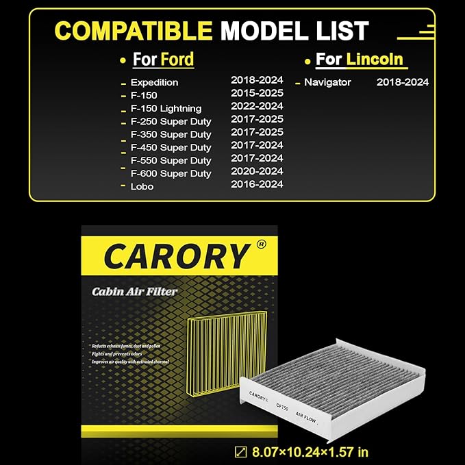Cabin Air Filter w/Activated Carbon for Ford F-150 2015–2025, Expedition 2018–2024, F-150 Lightning 2022–2024, Super Duty F-250/F-350/F-450/F-550,Lincoln Navigator 2018–2024, and More