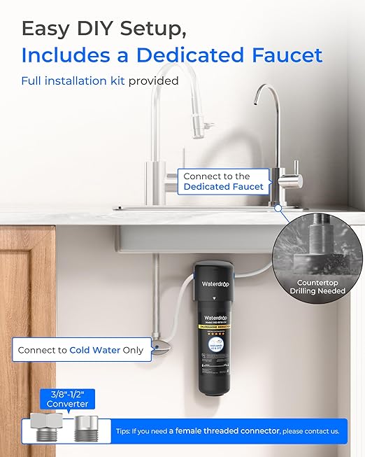 Waterdrop 10UB-CM Under Sink Water Filter (Include: System+ 𝐅𝐚𝐮𝐜𝐞𝐭) for 99% Chloramine Reduce- Ideal for California, Florida and Washington- NSF/ANSI 42 Certified- 𝐰𝐢𝐭𝐡 𝐅𝐚𝐮𝐜𝐞𝐭