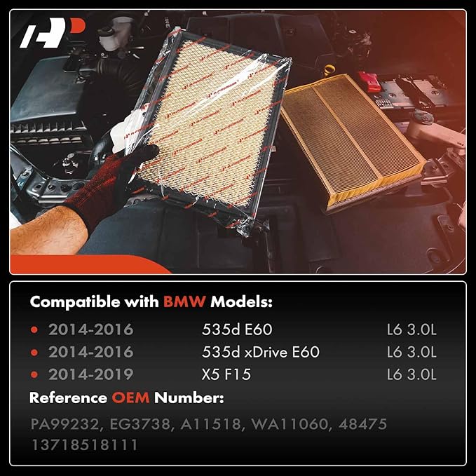 A-Premium Engine Air Filter Compatible with BMW X5 2014-2019, F10 Series 535d 2014-2016, 535d xDrive 2014-2016, 3.0L, Replace# 13718518111, EG3738
