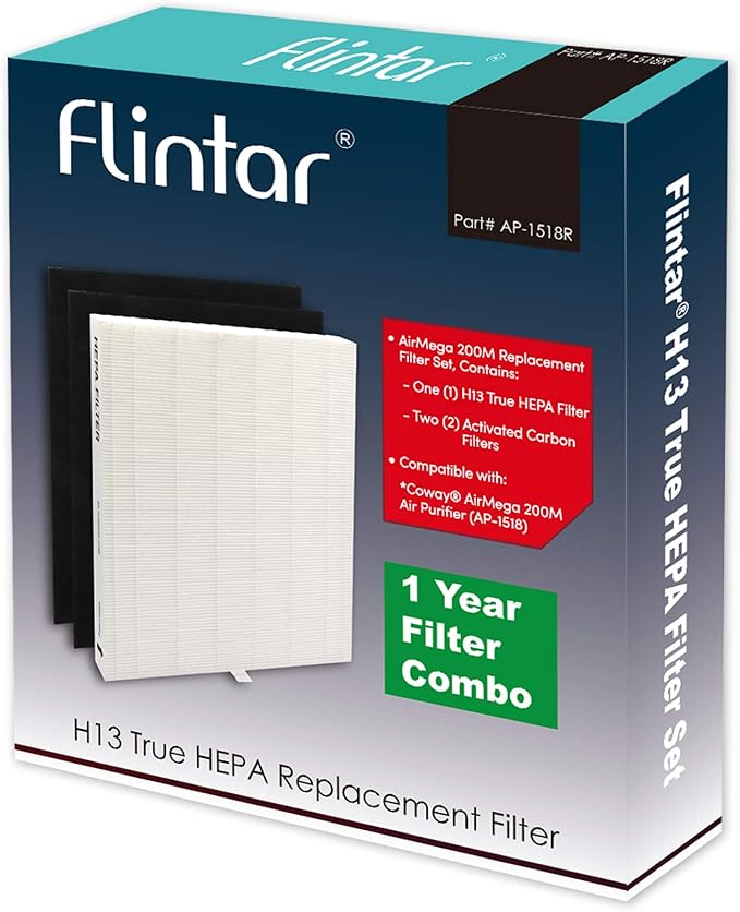 Flintar Replacement Air Filter, Compatible with Coway Air Purifier AP-1512HH and Airmega 200M, H13 Grade Main Filter and (2) Activated Carbon Filters, 1-Year Filter Pack
