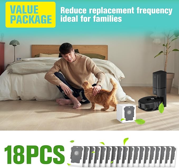 18 Pack Replacement Vacuum Bags Compatible with iRobot Roomba i7, i7+, j7, j7+, i3, i3+,i4, i4+, i6, i6+, i8, i8+, s9, s9+ Plus, i & s & j Series Automatic Dirt Disposal Bags
