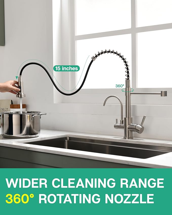 GIMILI 3 in 1 Kitchen Faucet with Pull Down Sprayer Brushed Nickel Two Handle Kitchen Sink Faucet with Under Sink Water Filter System Reduces PFAS, PFOA/PFOS, Lead, Chlorine, Bad Taste & Odor
