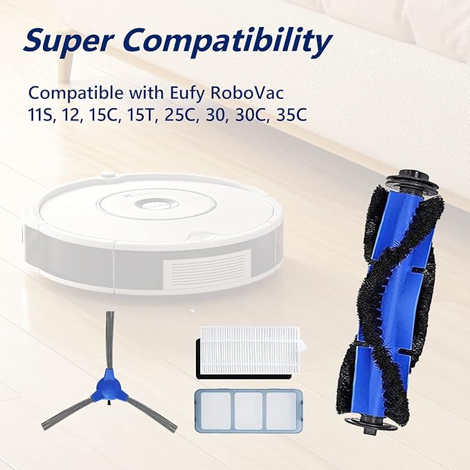 CERO 25 Pack Replacement Parts for Eufy RoboVac 11S, 25C, 15C, 30, 30C, 12, 35C, 15T Robot Vacuum Accessories, 2 Rolling Brushes, 10 Filters, 10 Side Brushes, 1 Pre Filter, 1 Rolling Brush Guard
