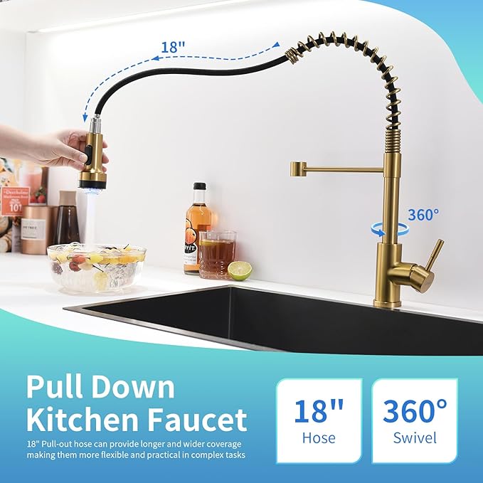 GIMILI Gold Kitchen Faucet with Pull Down Sprayer Single Hole Stainless Steel LED Faucet, Suitable for Farmhouses, RV, Laundry Room, Outdoor, and Campers. Llave para fregadero de cocina