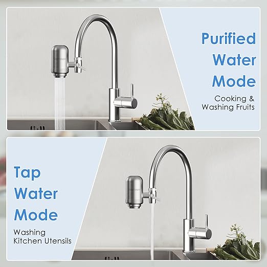 Vortopt Faucet Water Filter for Sink, Rapid Flow - 400 Gallons Faucet Mount Water Filtration System for Tap Water, NSF Certified Reduces Chlorine (Grey-T2-2 Filter)