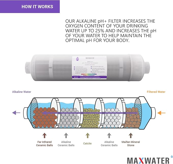 (2 Pack) Ph+ Alkaline, Mineral, Far infrared 5 in 1 Max Water filter, compatible with most pH Reverse Osmosis Water Filtration Systems