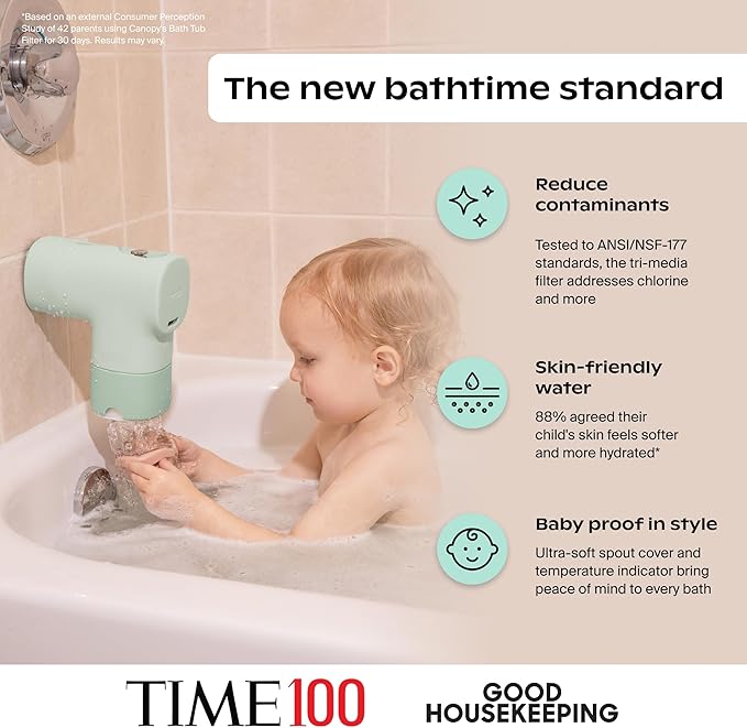 Canopy Baby Bath Tub Filter – Gentler Water Filtration for Delicate Skin | Reduces Chlorine & Irritants | BPA-Free Silicone Spout Cover | Easy Tool-Free Install | Activated Carbon Filtration