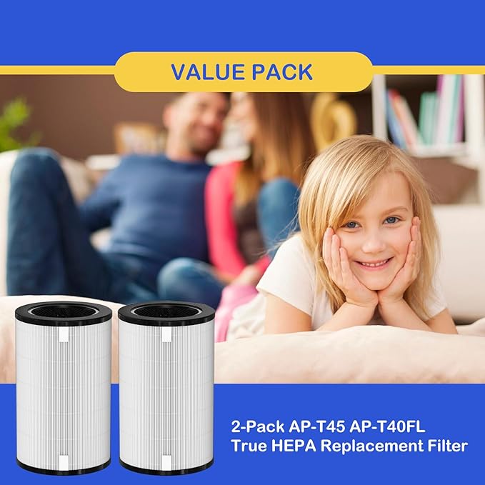 AP-T40FL True HEPA Replacement Filter Compatible with 1461901 Homedics Total Clean 5-in-1 Air Cleaner Purifier, AP-T40 AP-T45WT AP-T40WT AP-T45-BK AP-T45-WT AP-T40WTAR, 2 Pack