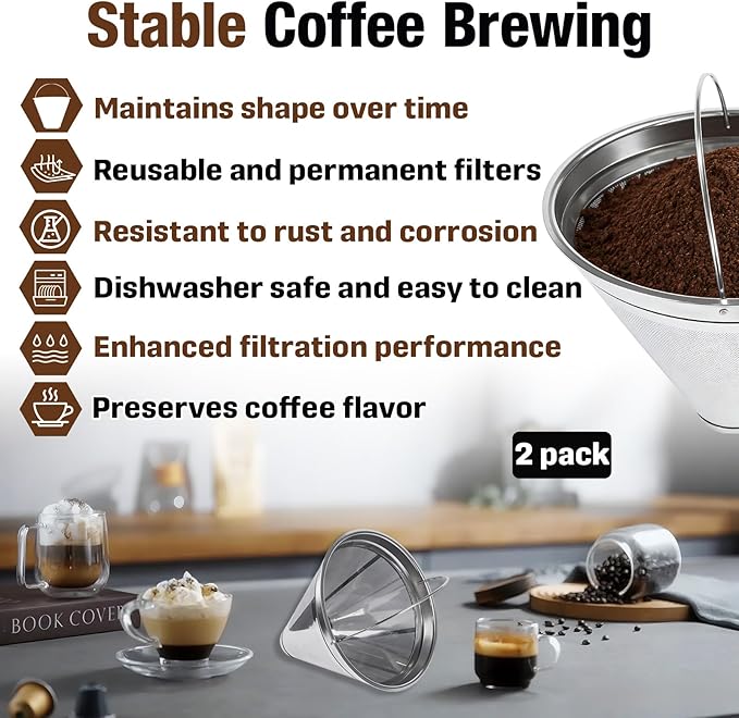 2-Pack Stainless Steel Coffee Filters Compatible with Cuisinart Coffee Maker, Fit for DCC 1200P1, 3200NAS, 3400NAS Models, Permanent & Reusable Cone Coffee Filters Basket Replacements
