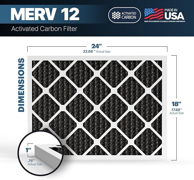 BNX TruFilter 18x24x1 MERV 12 Odor Defense (2-Pack) AC Furnace Air Filter with Activated Carbon - MADE IN USA - Pleated Air Conditioner HVAC AC Furnace Filters - Removes Odor, Mold, Bacteria, Smoke