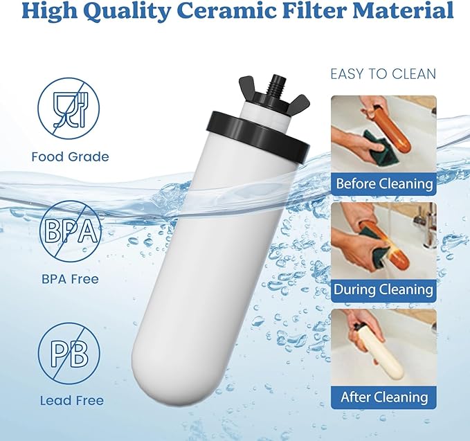 8.46-Inch 3-stage Ceramic Water Filter Candle with Activated Carbon, NSF/ANSI 42&372 Certified Washable Replacement Filter for ProOne® Berkey® Purewell® Gravity Water Filter Systems (4Pack)