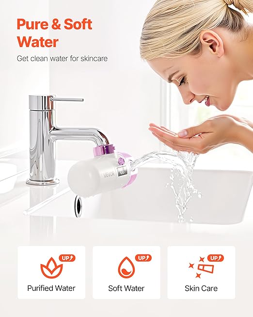 VEVOR Skincare Water Filter, Faucet Mount Water Filters with Micro-Nano Bubble for Skin, Sink Tap Purifier, Removes Chlorine with 1 Filter, for Kitchen and Bathroom Faucets, Pink + Gold