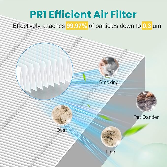 2 Pack PR1 Replacement Filter for Mooka PR1 Air Purifier,H13 True HEPA Filter for Home Large Room up to 2200sq.ft, with 8Pcs Washable Filter for Pets