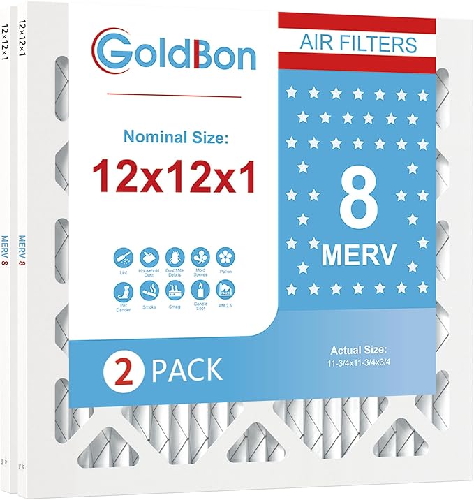 12x12x1 Air Filter 2 PACK, MERV 8 MPR 600 Pleated HVAC AC Furnace Dust Defense Air Filters Replacement (Actual Size: 11 3/4 x 11 3/4 x 3/4 Inches)