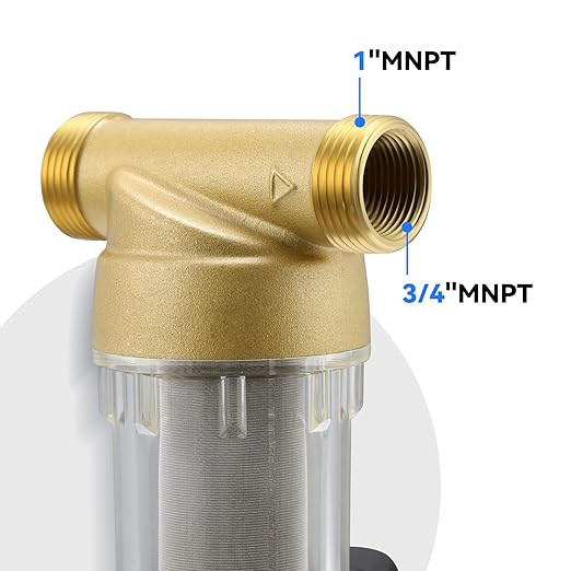Solimeta Spin Down Sediment Water Filter: 50/100 Micron Precision, Plug - in with Touch - Screen Auto Flushing, Brass Top Clear Housing & Reusable, Plug-in Use Only