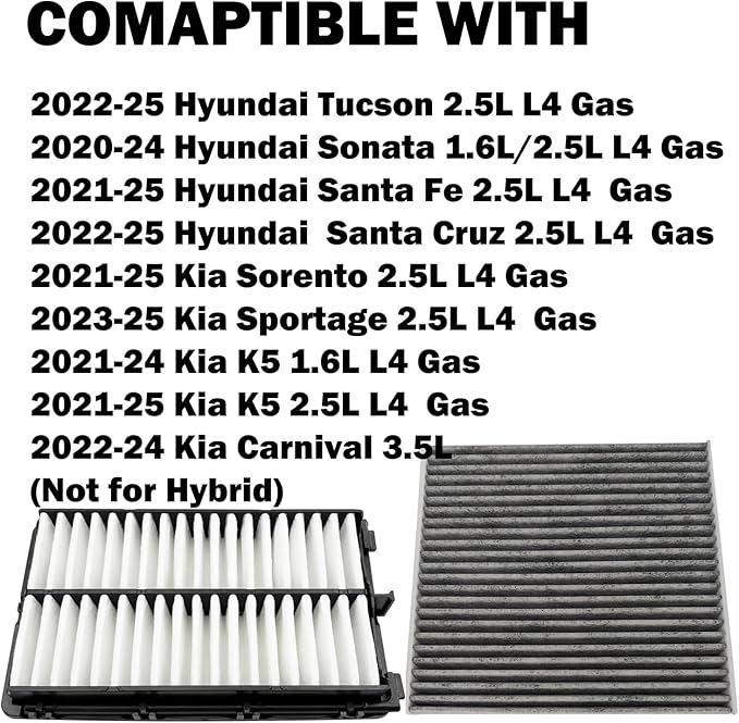 Engine Cabin Air Filters Compatible with 2020-25 Tucson Santa Fe Cruz Kia Sorento Sportage K5 Carnival Engine Cabin Air Filtration Cab AC Air Filters WA11090 97133-N9100 97133N9100
