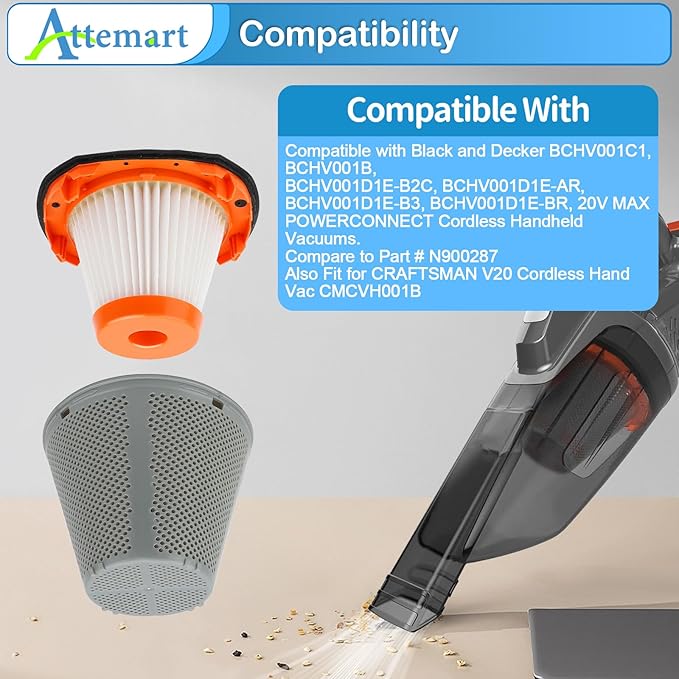 2 Pack N900287 Filter Replacement for Black and Decker BCHV001D1, BCHV001C1, BCHV001B 20V MAX POWERCONNECT Cordless Hand Vacuum, Fit for CRAFTSMAN V20 Cordless Hand Vacuum CMCVH001B, Part #N900287