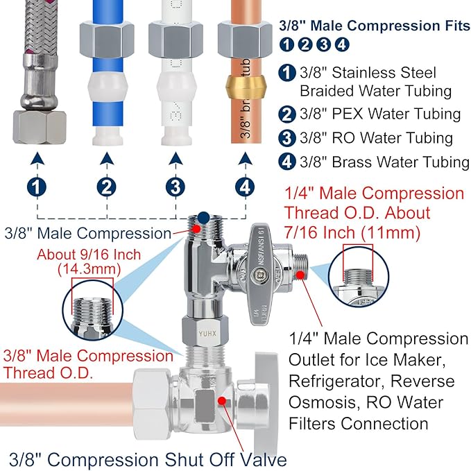 Brass Angle Stop Add-A-Tee Valve, 3/8 x 3/8 x 1/4 Compression Tee Valve,Feed Water Adapter for Refrigerators, Ice maker, Reverse Osmosis,RO Water Filter Systems, 3 Way Diverter Water Line Splitter