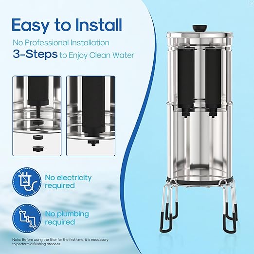 ICEPURE 2.25G Gravity-fed Water Filter System with Sight Glass Spigot, 304 Stainless Steel Countertop System, 2 Black Carbon Filters and Stand, Reduce 99% Chlorine, Lead for Home, Camping, Emergencies
