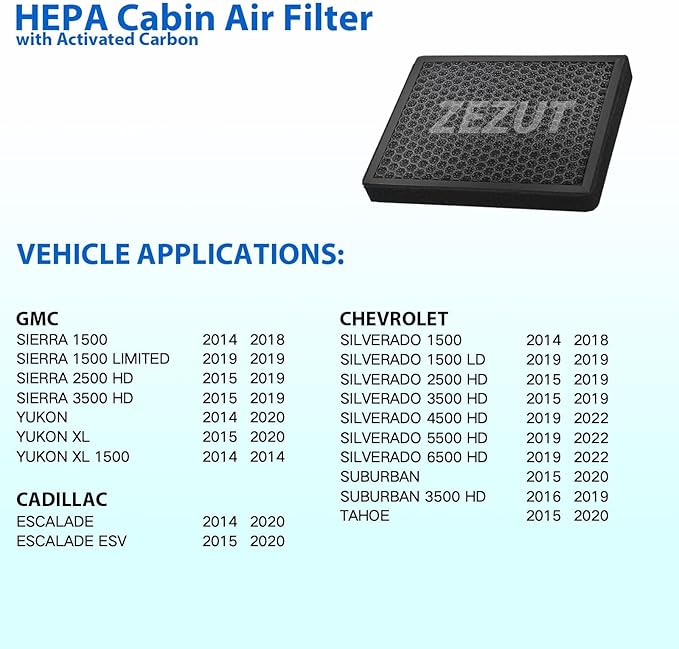 Cabin Air Filter, for 2014-2020 Cadillac Escalade, 2014-2018 Chevy Silverado 1500 and Sierra 1500, 15-19 2500HD and 3500HD, Suburban, Tahoe, Yukon (CF11809)
