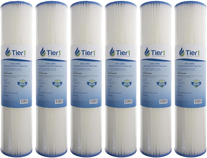 Tier1 30 Micron 20x4.5 Water Filter | Whole House Sediment Water Filter | Pleated Polyester Cartridge | Replacement for Pentek R30-20BB, 155430-43, SPC-45-2030 | High-Flow 4.5 x 20 Water Filter (6pk)