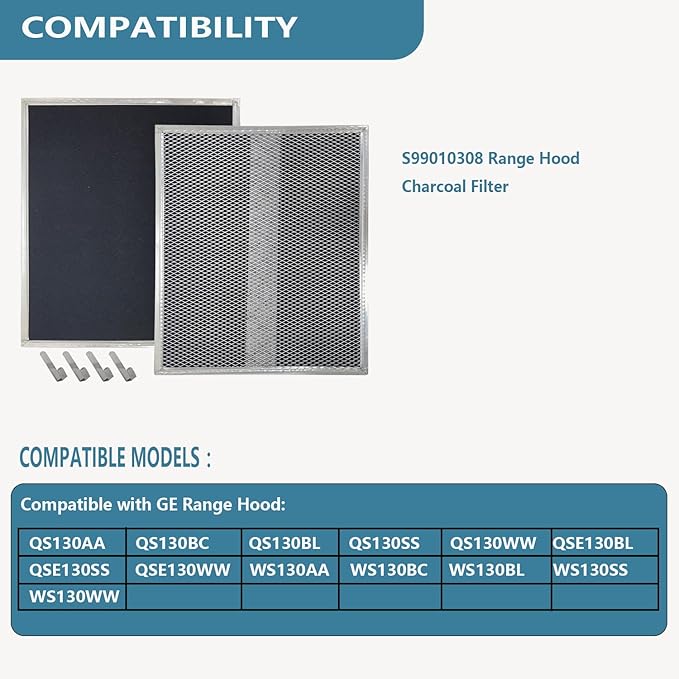 S99010308 WB02X10707 Range Hood Charcoal Filter Compatible with Broan Nu-Tone BPSF30 QS WS And GE WB02X10707 S-ears NON-Ducted Carbon Replacement Filters Range Hood Filter Size 10.8" X 13.3" 2 Pack