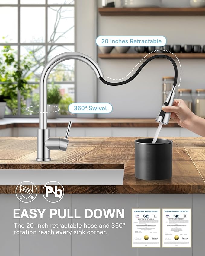 WEWE Kitchen Faucet with Pull Down Sprayer and Soap Dispenser, Polished Chrome High Arc Single Handle Stainless Steel Sink Faucet, Suitable for Farmhouse, RV & Laundry