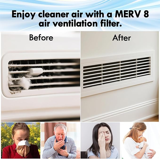 16 x 120" Air Vent Filters, Cut-to-Size MERV 8 Filter Material, Triple Layer HVAC Furnace Vent Filters for Home, Floor, Ceiling, Grilles - Includes 48PCS Adhesive Hook Tape.