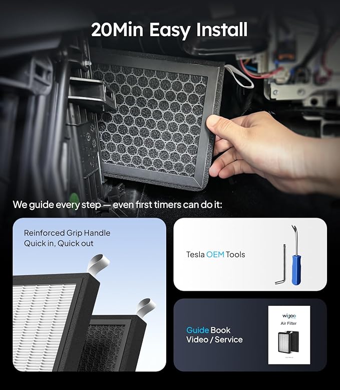 Wigoo 2026 Tesla Model 3 Model Y Cabin Air Filter, 5-Layer H14pro HEPA with Activated Carbon, Replacement Accessories for Tesla Model 3/Y 2016-2026, 2-Pack with OEM Install Tools