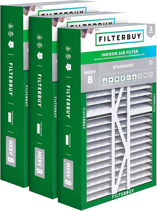 Filterbuy 16x25x5 Air Filter MERV 8 Essential Dust & Allergy Defense (3-Pack), Pleated HVAC AC Furnace Filters for Amana, Coleman, Goodman, Maytag, York, and More (Actual Size: 15.38 x 25.50 x 5.25)