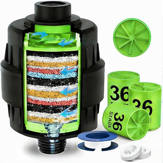 Shower Water Filter, 36-Stage High Output Filtered Shower Head, Shower Head Filter for Hard Water for Hard Water, Removes Chlorine, Fluoride (36 Stage Black Shower Filter)